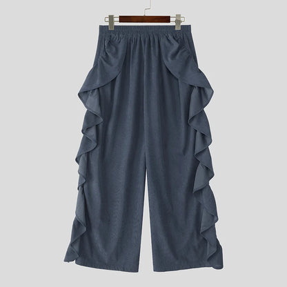 Pantalon homme INCERUN velours imprimé couleur unie à volants, taille élastique – Streetwear ample mode décontracté S-5XL