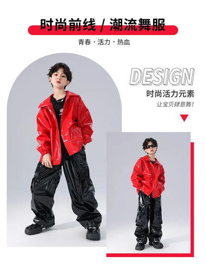 Costume Danse Jazz Garçon Filles, Pantalon Cuir Brillant Rouge, Streetwear Hip Hop Scène .