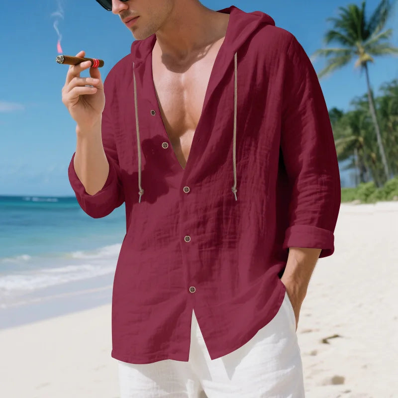 Chemise Homme Lin Ample – Manches Longues, Cardigan Capuche décontractée, Tendance Plage, Automne