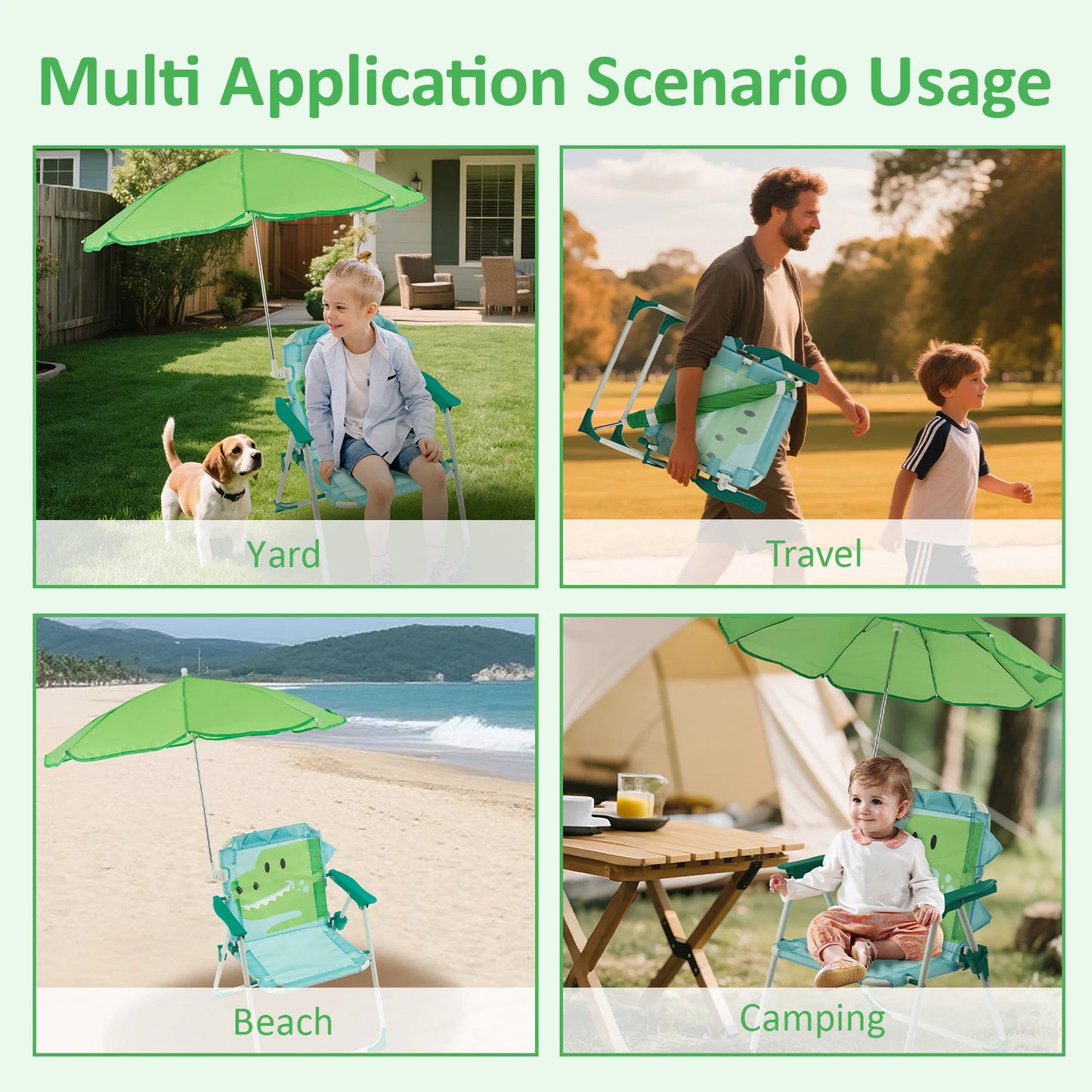 Chaise de plage pliante enfant avec parasol – légère, résistante au vent, idéale pique-nique & camping.