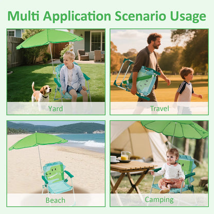 Chaise de plage pliante enfant avec parasol – légère, résistante au vent, idéale pique-nique & camping.