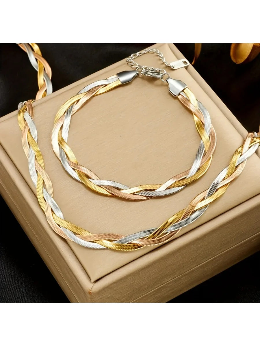 Ensemble Femme Acier – Collier Serpent Plat & Bracelet Tricolore, Style Moderne Élégant
