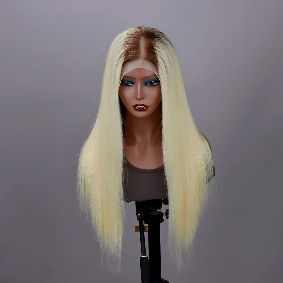 Perruque lace frontal 13x6 ombré blonde 613 racine brune – cheveux humains droits, pré‑plumée