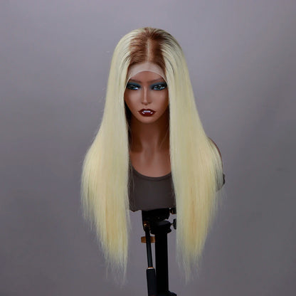 Perruque lace frontal 13x6 ombré blonde 613 racine brune – cheveux humains droits, pré‑plumée