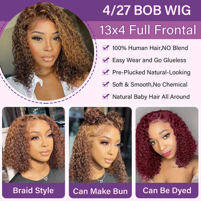 Perruque Bob Lace Frontal 13x4 – Cheveux Brésiliens Naturels Deep Wave, Courts Bouclés, Couleur Ombrée à Reflets .
