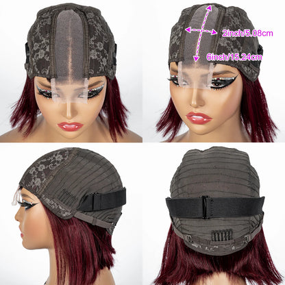 Perruque Bob courte droite colorée – cheveux humains 100%, dentelle 2x6 transparente, densité 250%