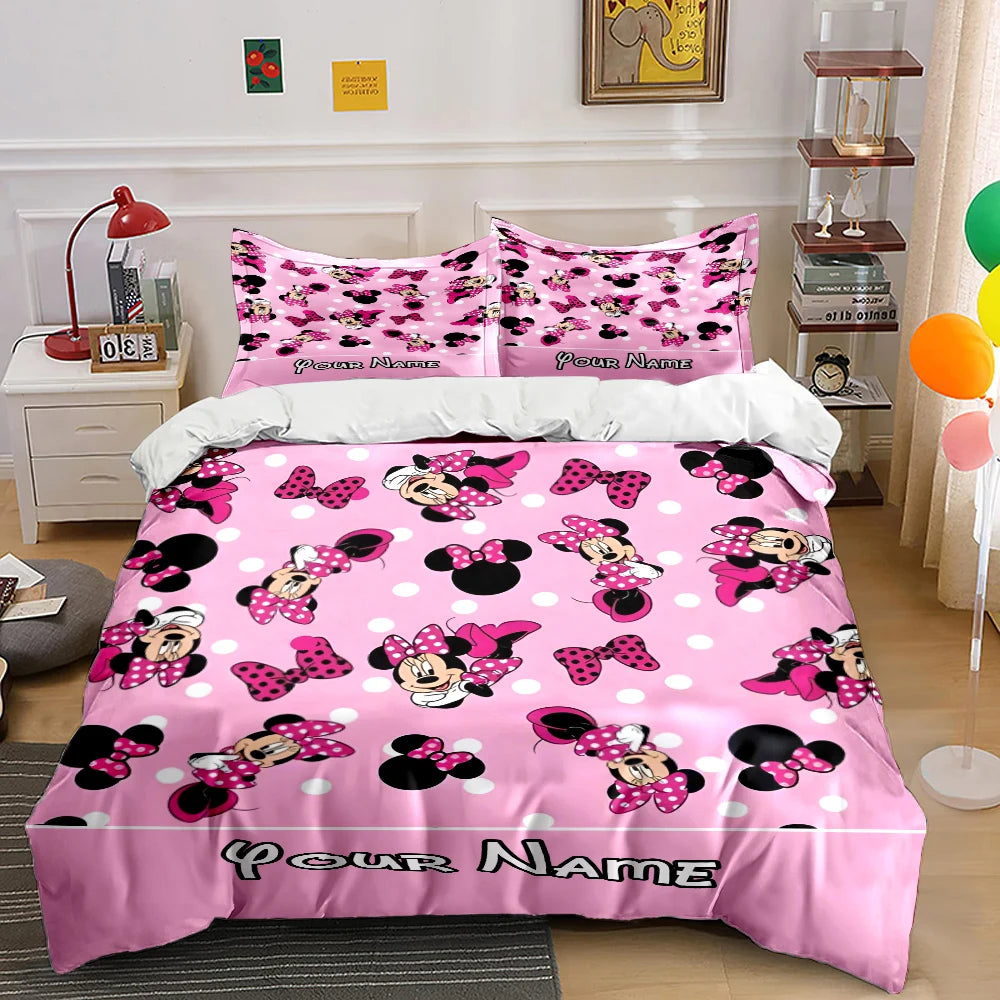 Ensemble de literie 3PCS personnalisé Minnie – Housse de couette et taies, imprimé dessin animé, confort luxe enfant/adulte