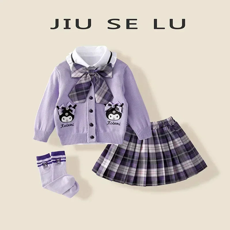 Ensemble cosplay Sanrio Kuromi My Melody 2024, jupe plissée JK, cardigan tricoté style collégial, costume trois pièces pour enfants