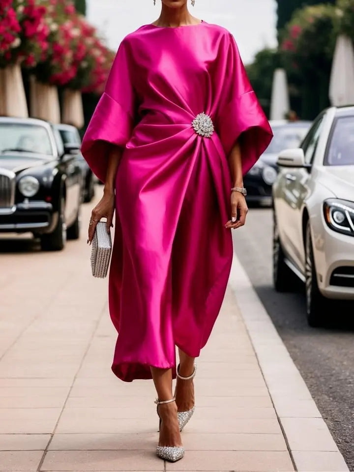 Robe Élégante Décontractée – Satin Perlé, Manches Courtes, Look Banlieue Tendance