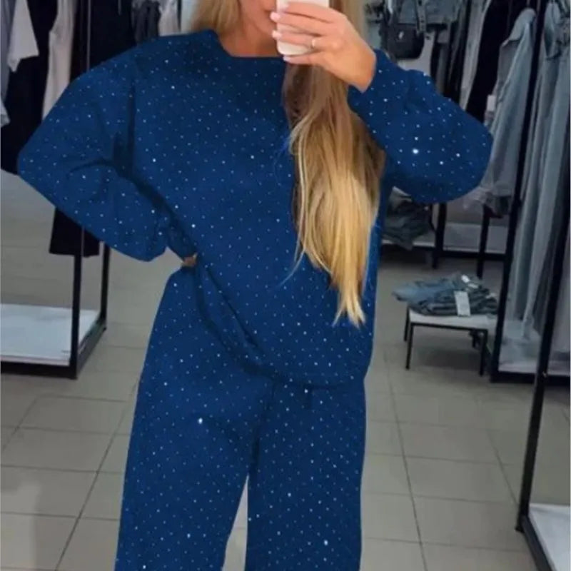 Ensemble Survêtement Femme 2 Pièces Rétro – Sweat et Pantalon à Col Rond Brillant
