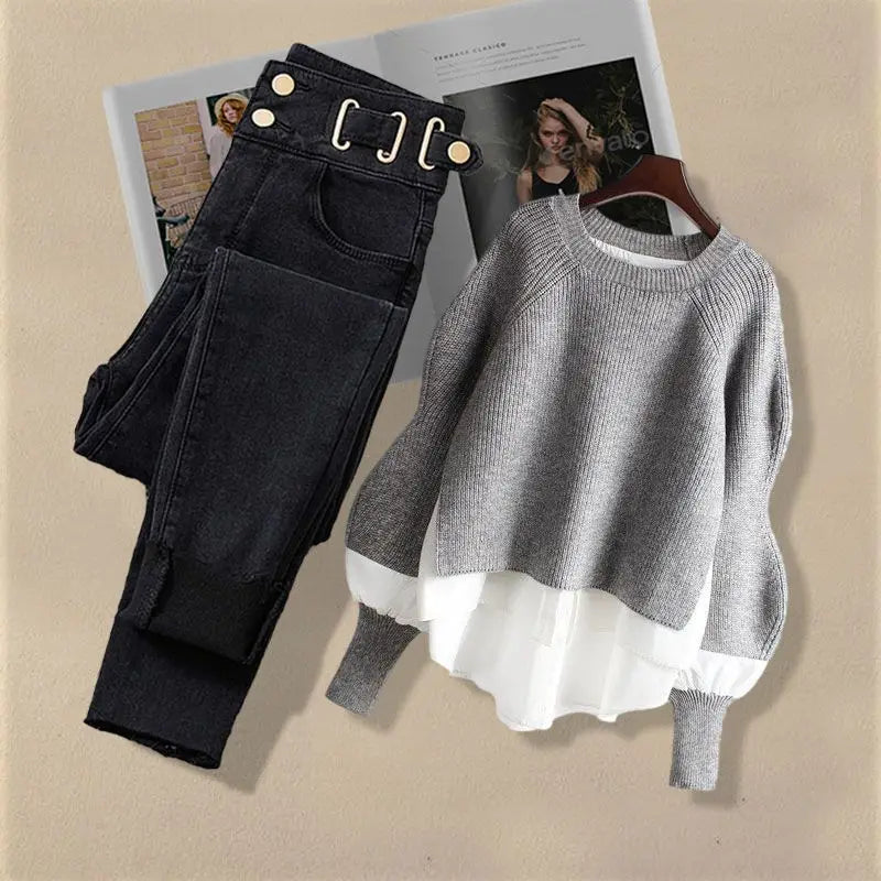 Ensemble jean femme – Vintage, 2 pièces, pull tricot effet faux, pantalon taille haute, style coréen