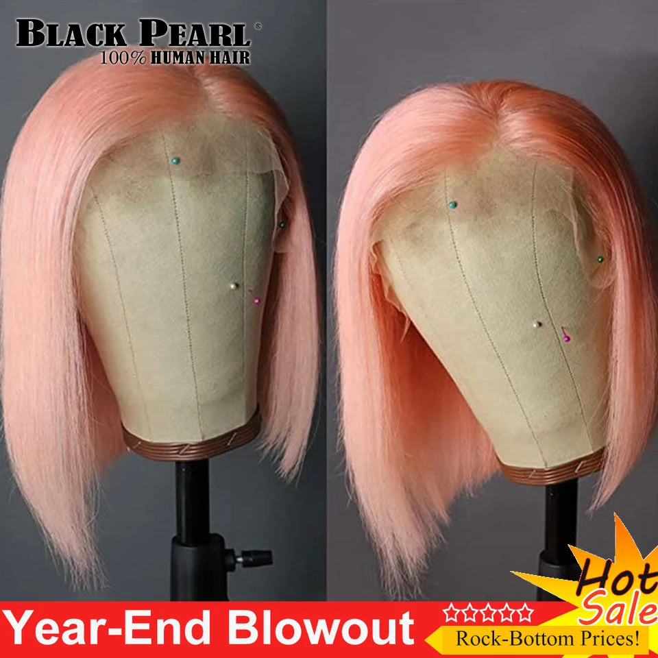 Perruque Bob rose droite – Cheveux humains, courte, dentelle avant, noeuds blanchis, pré-plumée, transparente