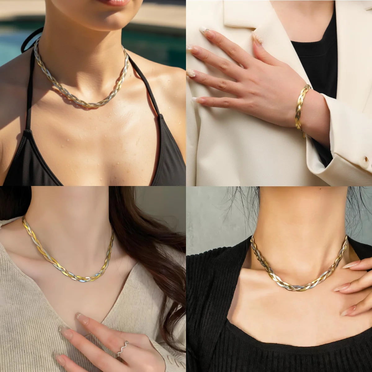 Ensemble Femme Acier – Collier Serpent Plat & Bracelet Tricolore, Style Moderne Élégant