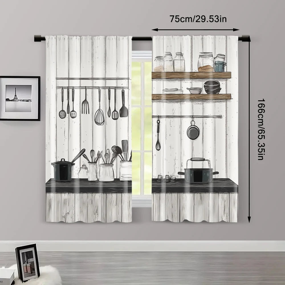 2 pièces rideaux cuisine, tissu imprimé 2D lavable en machine, sans tige, déco maison