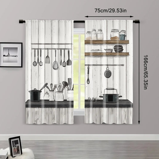 2 pièces rideaux cuisine, tissu imprimé 2D lavable en machine, sans tige, déco maison