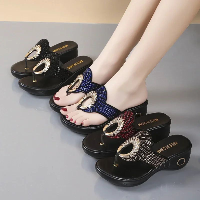 Chaussures d’été rétro pour dames – Plateau compensé et strass