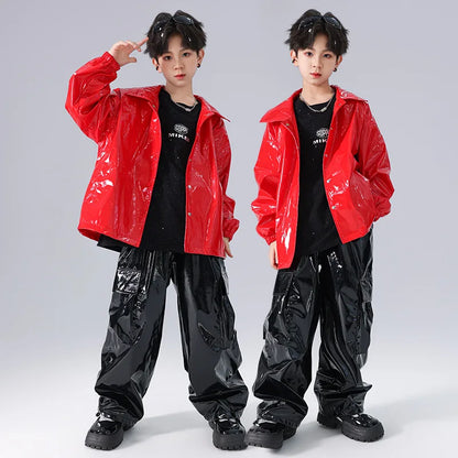 Costume Danse Jazz Garçon Filles, Pantalon Cuir Brillant Rouge, Streetwear Hip Hop Scène .