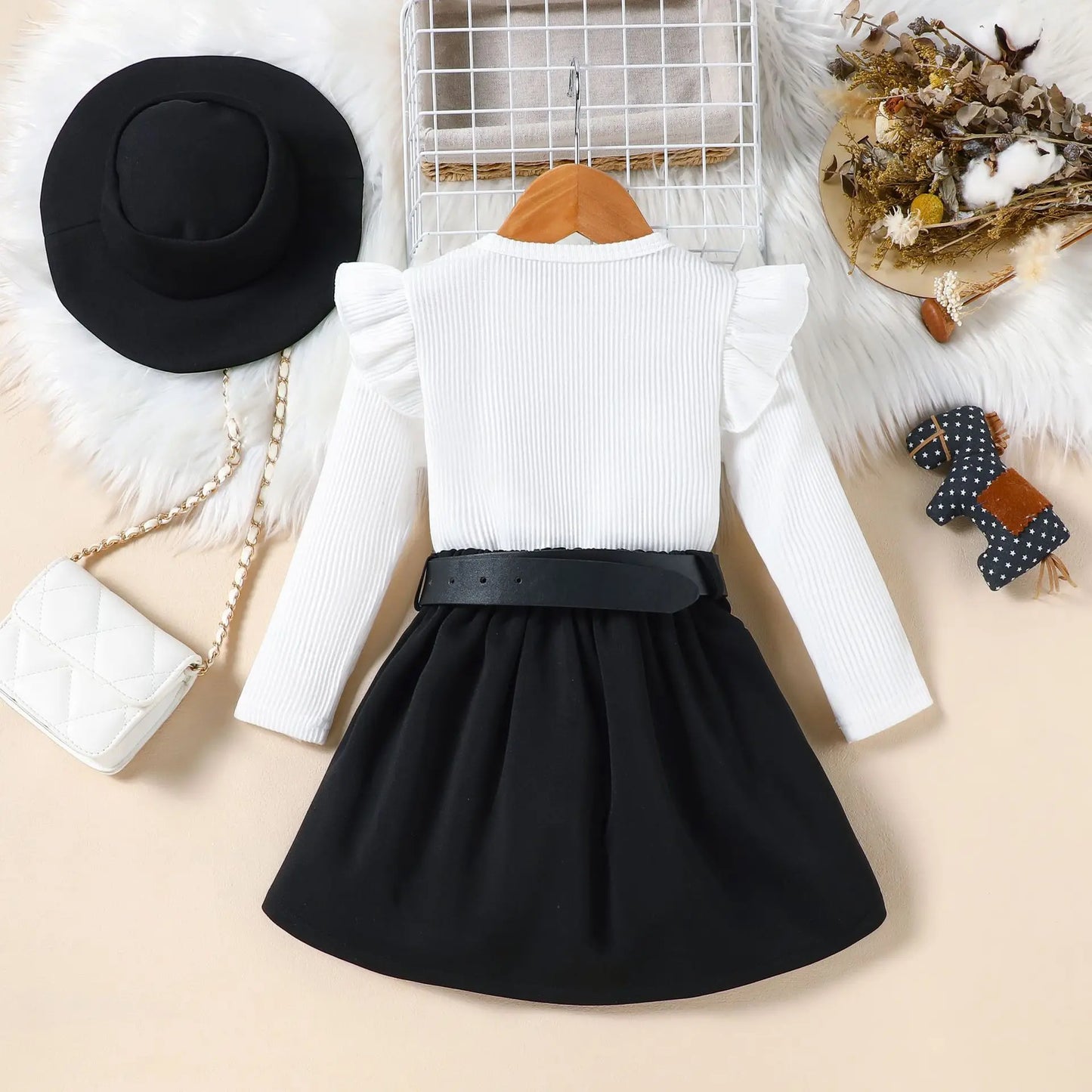 Ensemble fille 3 pièces automne/hiver – robe + ceinture + chapeau (2‑8 ans)
