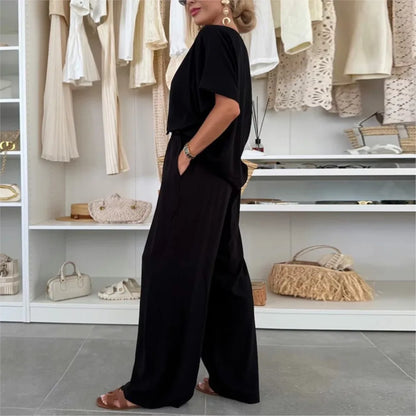 Ensemble Femme 2 Pièces Été – Col Rond à Lacets & Pantalon Décontracté, Couleur Unie Tendance