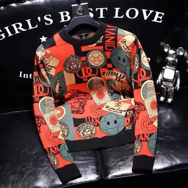 Pull Imprimé Homme Col Rond – Manches Longues, Rétro décontracté, Style Vintage, Haute Qualité, Automne Hiver