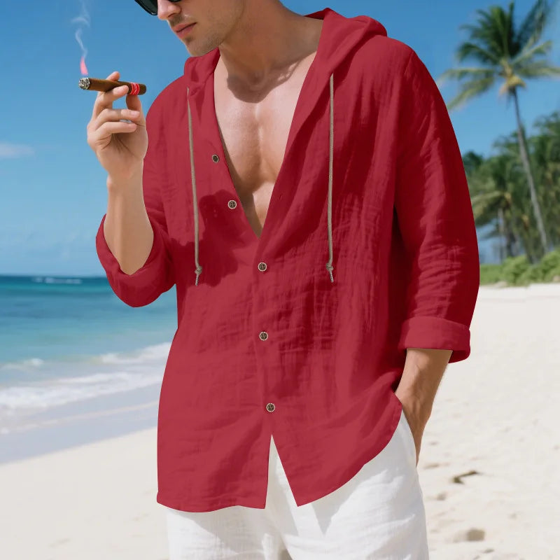 Chemise Homme Lin Ample – Manches Longues, Cardigan Capuche décontractée, Tendance Plage, Automne