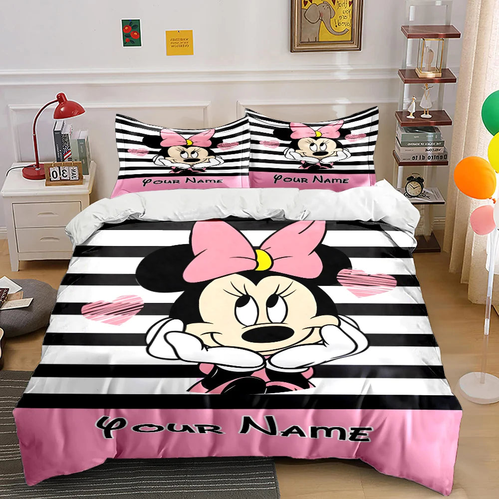 Ensemble de literie 3PCS personnalisé Minnie – Housse de couette et taies, imprimé dessin animé, confort luxe enfant/adulte