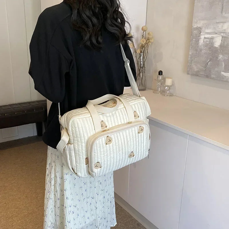 Sac à couches pour maman, coton beige, motif ours, fermeture éclair