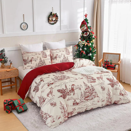 Ensemble literie Noël rouge campagne, microfibre douce 3 pièces