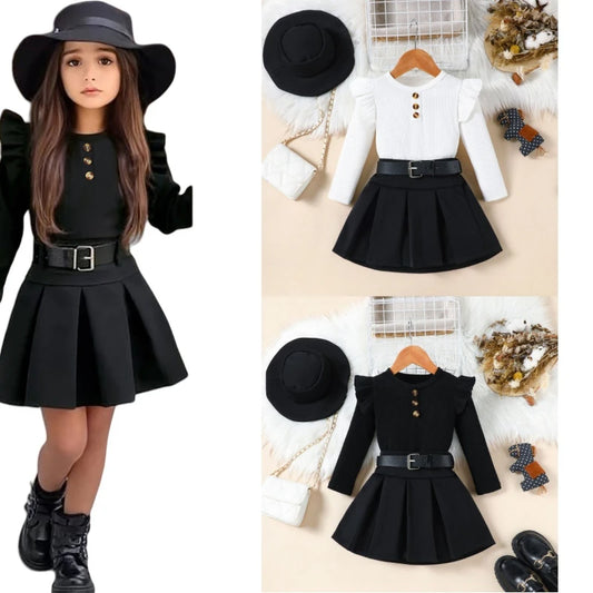 Ensemble fille 3 pièces automne/hiver – robe + ceinture + chapeau (2‑8 ans)