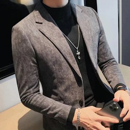 Blazer homme velours côtelé, élégant, boutonnage simple, mode printemps .
