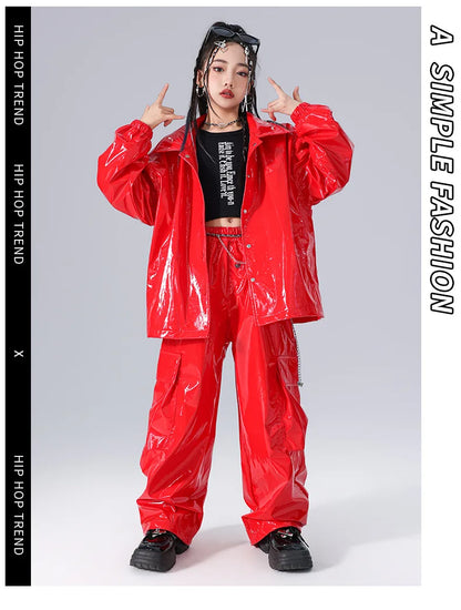 Costume Danse Jazz Garçon Filles, Pantalon Cuir Brillant Rouge, Streetwear Hip Hop Scène .