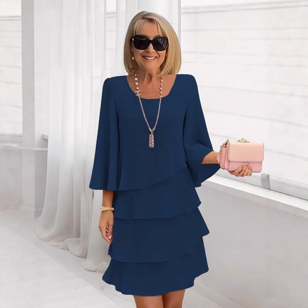 YIKOOLIN Robe Femme Chic – Mi-Longue en Mousseline, Style Irrégulier, Col Rond Printemps-Été