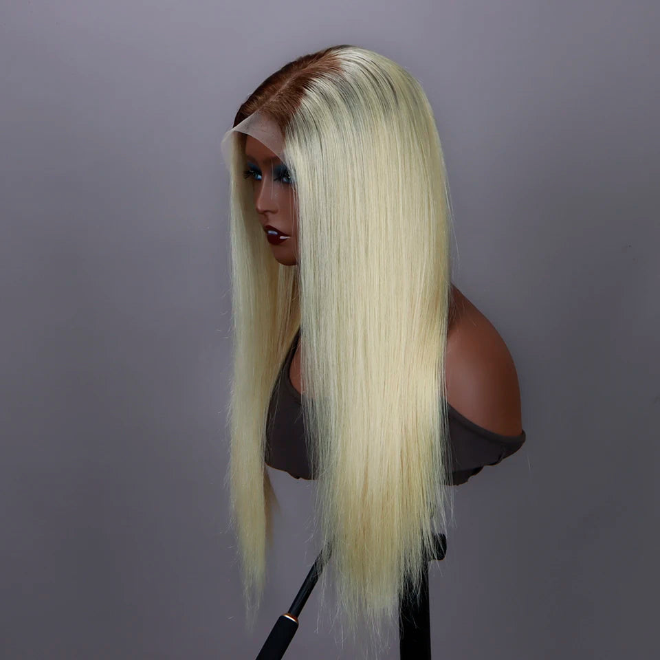 Perruque lace frontal 13x6 ombré blonde 613 racine brune – cheveux humains droits, pré‑plumée