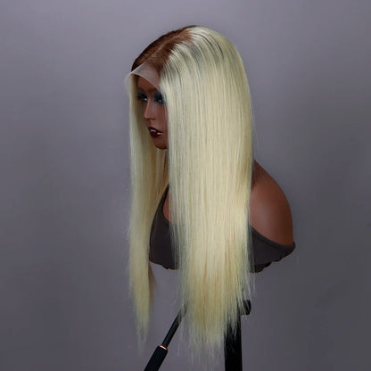 Perruque lace frontal 13x6 ombré blonde 613 racine brune – cheveux humains droits, pré‑plumée