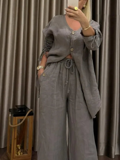 Ensemble Femme 2 Pièces – Cardigan Col V à Boutons & Pantalon Large, Style Décontracté Chic