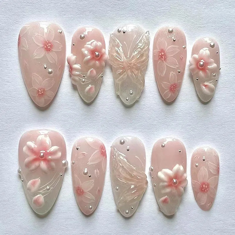 Faux ongles 24 pcs mi-longs amande 3D fleur détachables