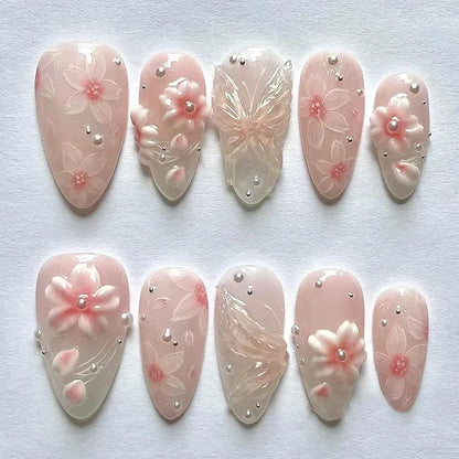 Faux ongles 24 pcs mi-longs amande 3D fleur détachables