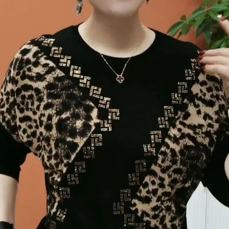 Mn-Pull Femme Léopard Géométrique – T-shirt Col Rond Diamants, Chic décontracté, Printemps Automne, Mode Épissée, Trajet Quotidien