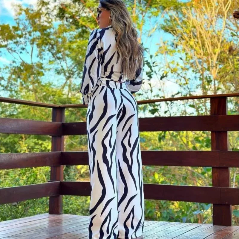 Tenue Vacances Femme – Ensemble 2 Pièces Ample, Chemise Imprimée & Pantalon Large Tendance