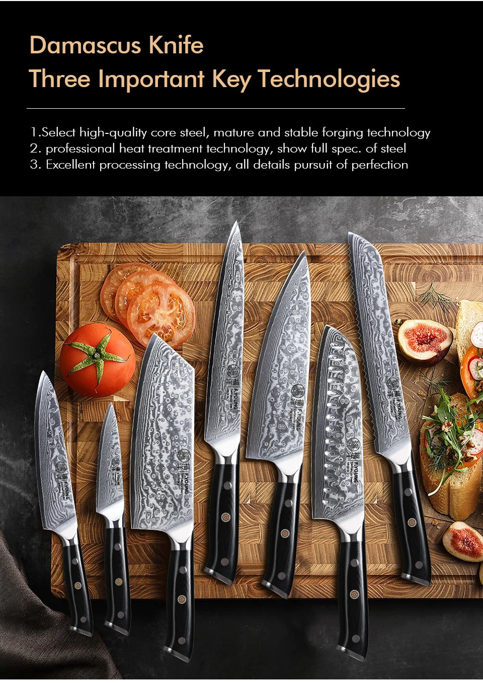 Couteau de cuisine professionnel F.YOUNG – acier Damas, chef japonais & sashimi