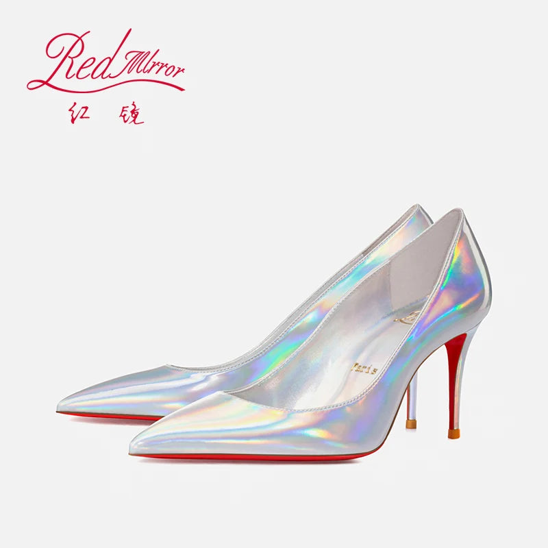 Escarpins femme luxe cuir, talons aiguilles bout pointu, rouge brillant et blanc .