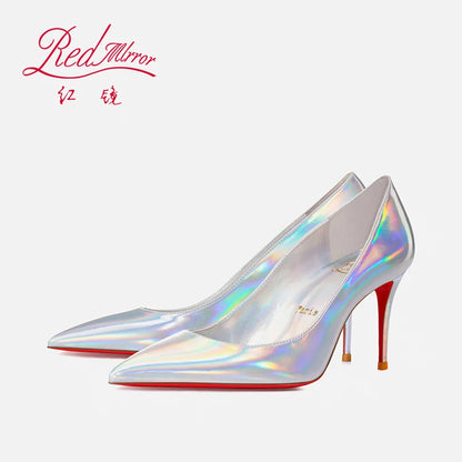 Escarpins femme luxe cuir, talons aiguilles bout pointu, rouge brillant et blanc .