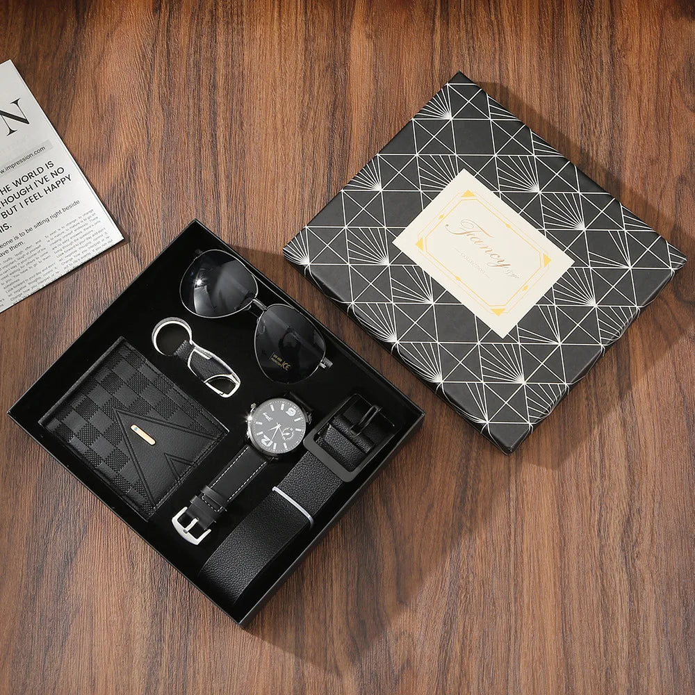 Coffret cadeau homme – Montre, portefeuille, ceinture, lunettes de soleil, porte-clés, fête des pères, petit ami ,saint valentin