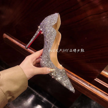 Talons Hauts Femmes 2025 Printemps – Chaussures Minces Pointues, Or Sexy, Style Français, Cristal, Semelle Rouge, Chaussures Mariage Élégantes