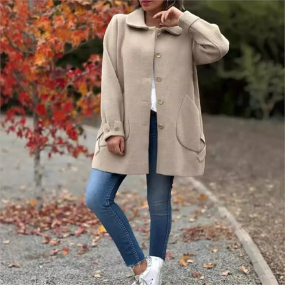 Veste Femme Automne-Hiver – Pardessus Décontracté à Revers, Couleur Unie avec Poches Chic
