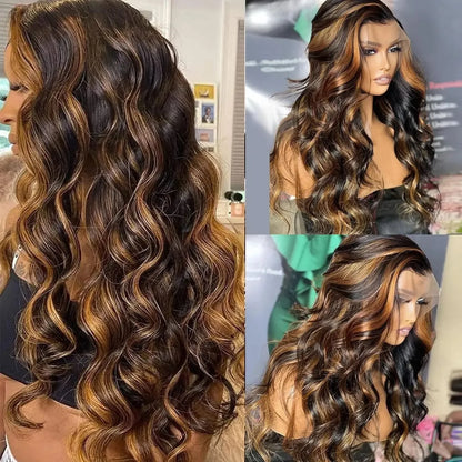 Perruque Lace Frontal Body Wave HD, cheveux humains, reflets blonds .