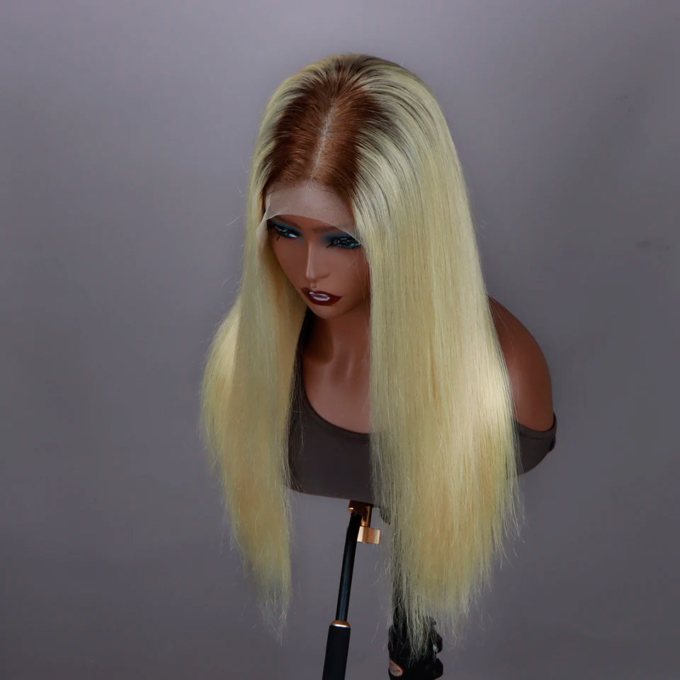 Perruque lace frontal 13x6 ombré blonde 613 racine brune – cheveux humains droits, pré‑plumée