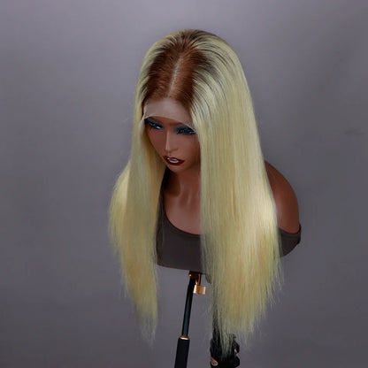 Perruque lace frontal 13x6 ombré blonde 613 racine brune – cheveux humains droits, pré‑plumée