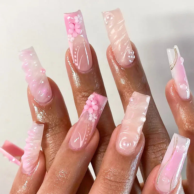 Faux ongles carrés longs 24 pcs, dégradé rose 3D fleur perle