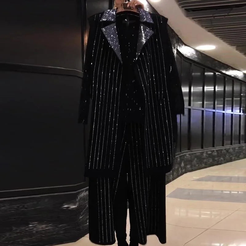 Ensemble Femme 3 Pièces Automne – Gilet Mi-Long et Pantalon à Jambes Larges avec Strass